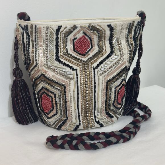 Sam Edelman Women’s Beaded Shoulder Bag – Multicolor Geometric Chic Boho - Picture 3 of 15